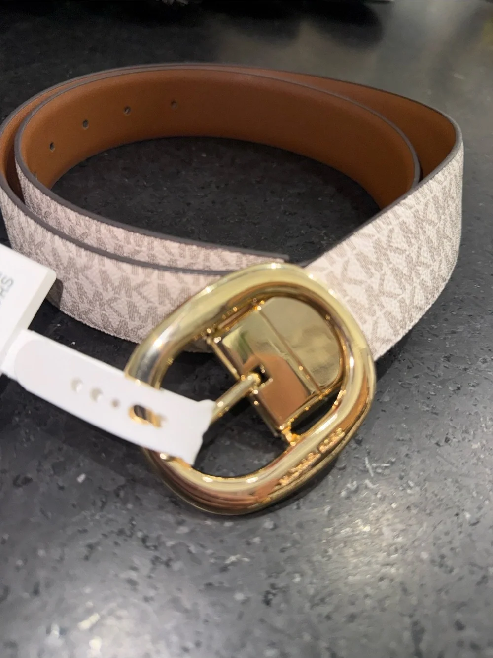 NEW Michael Kors REVERSIBLE Beige Logo & Cognac Brown Belt Gold Oval Buckle SZ M